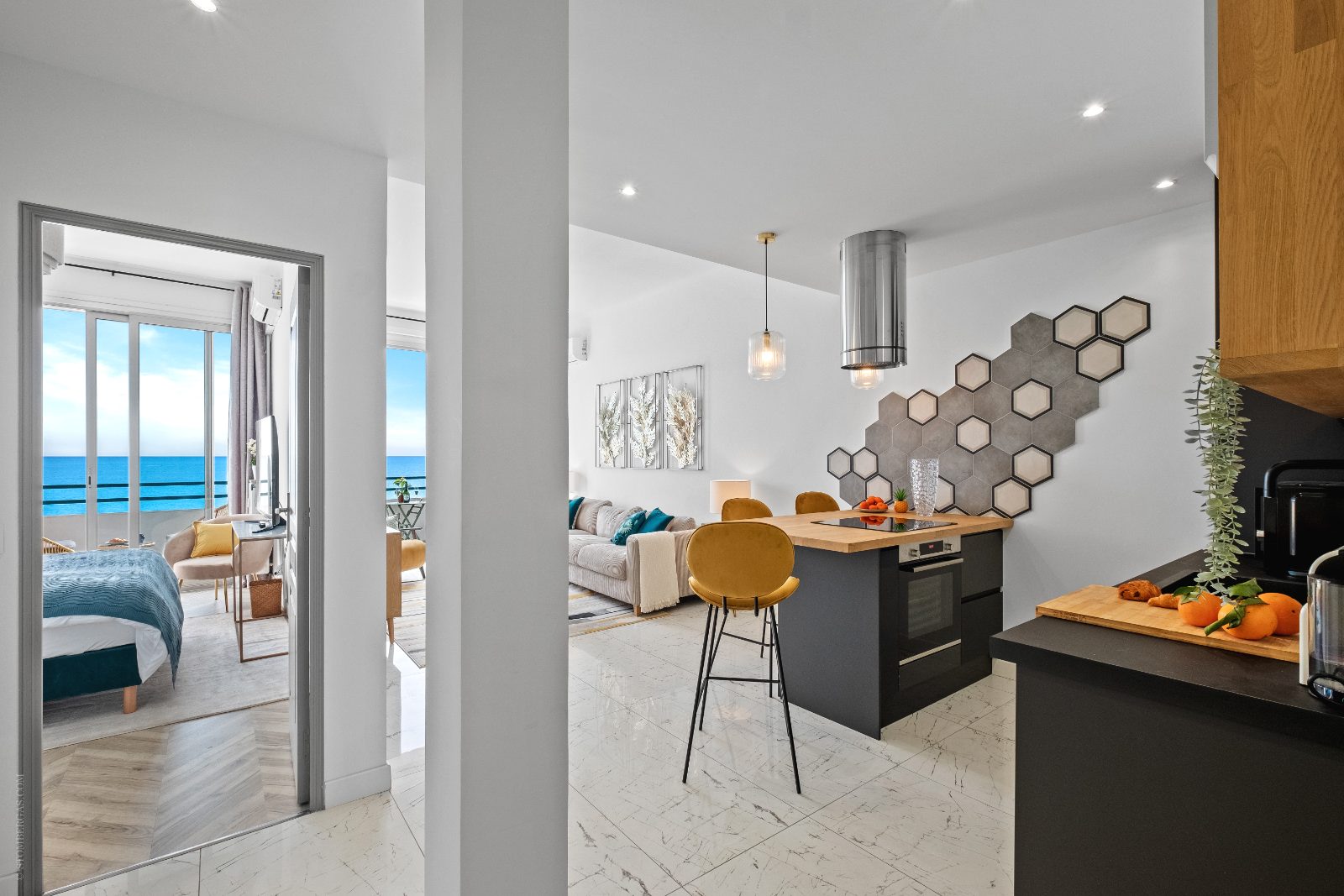 From the entry: kitchen, living space and bedroom doorway