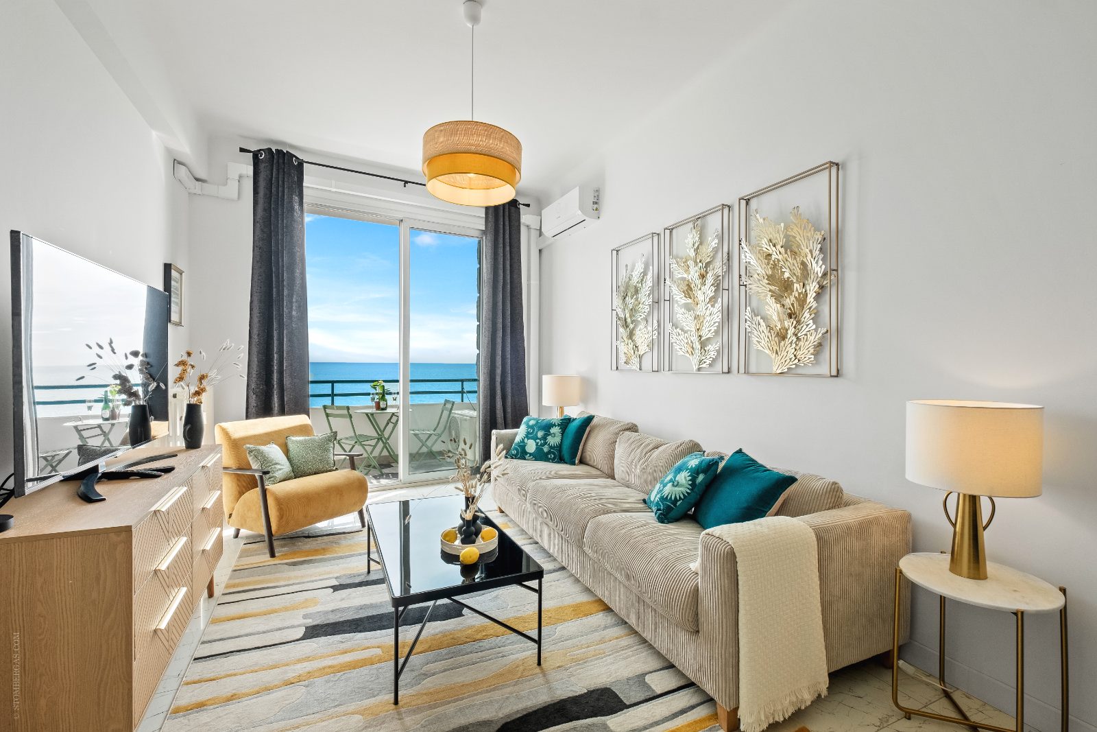 Sitting area facing the balcony doors